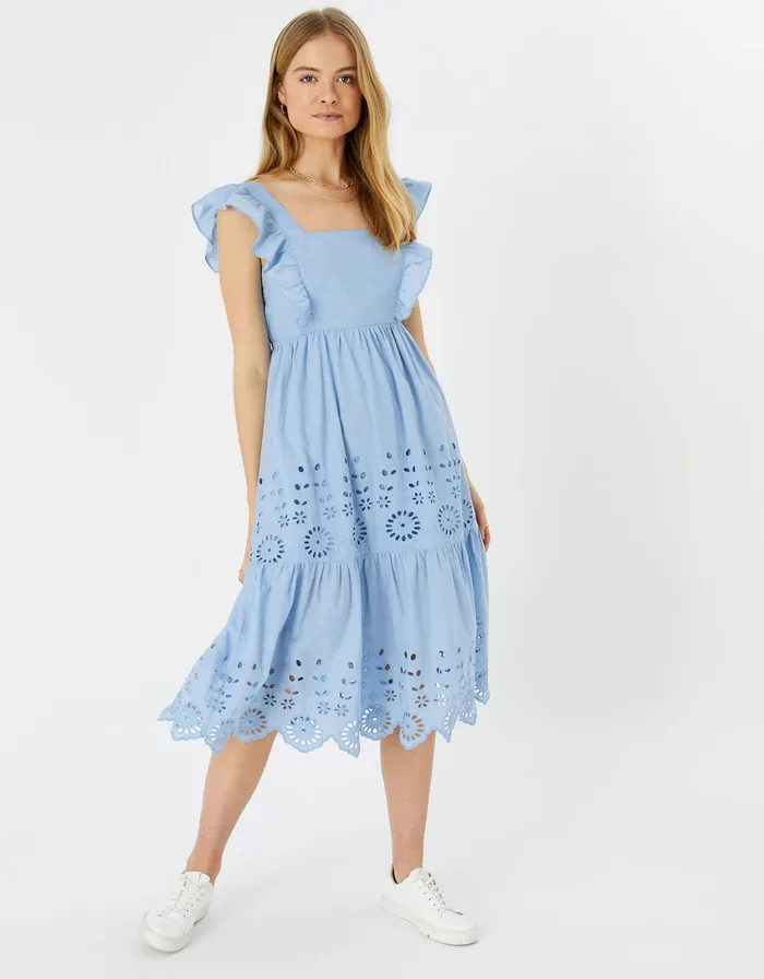 Accessorize Broderie Frill Shoulder Midi Dress Blue Blue Women Dresses