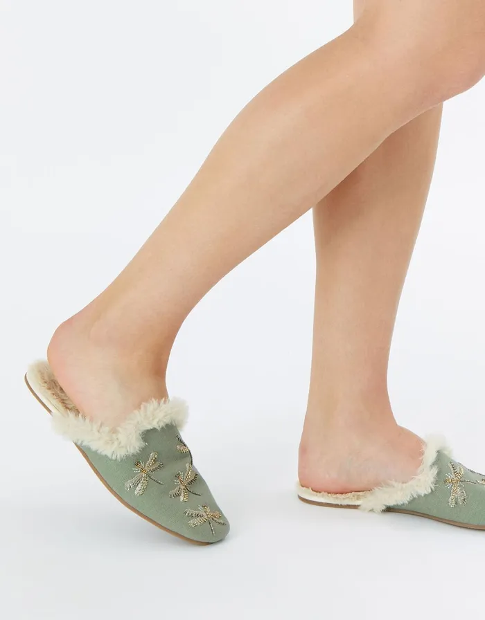 Accessorize Dragonfly Embroidered Slippers Duck Egg Duck Egg Women Slippers