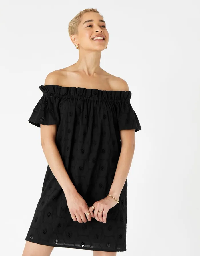Accessorize Schiffli Bardot Dress In Organic Cotton Black Black Women Dresses