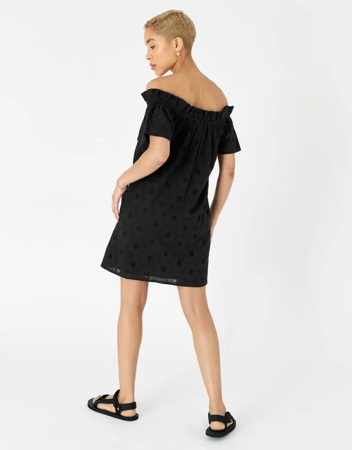Accessorize Schiffli Bardot Dress In Organic Cotton Black Black Women Dresses