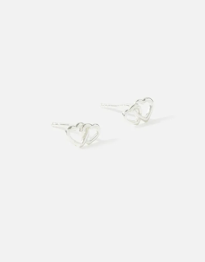 Accessorize Sterling Silver Double Heart Studs Women Earrings