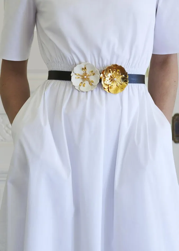 Adam Lippes Belts Two Flower Belt With Black Satin Strap Matte Ivory Gold 8211 Women