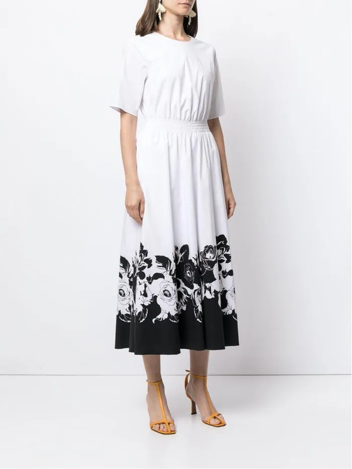 Adam Lippes Dresses and Jumpsuits Short Sleeve Smocked Waist Dress In Printed Poplin Black Floral 8211 Women