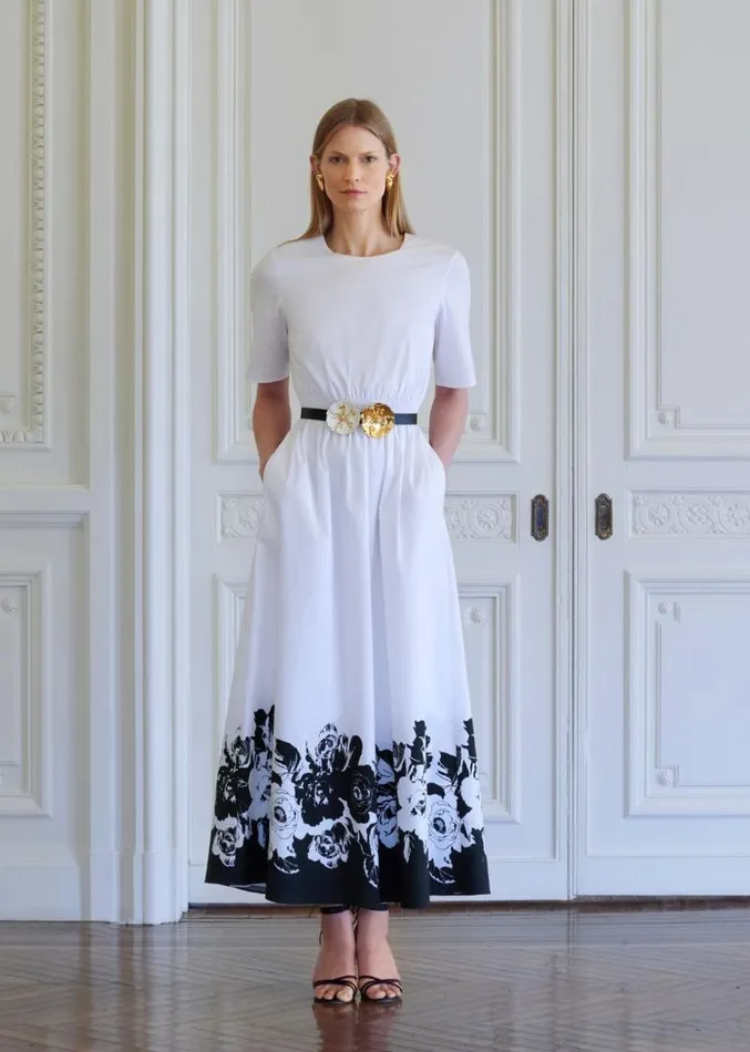 Adam Lippes Dresses and Jumpsuits Short Sleeve Smocked Waist Dress In Printed Poplin Black Floral 8211 Women