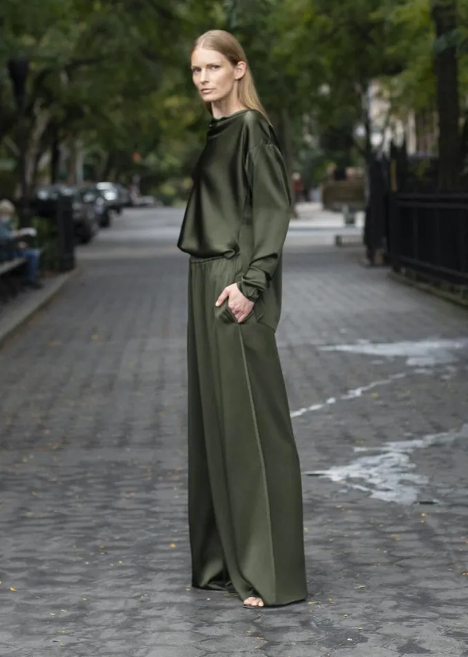 Adam Lippes Pants WideLeg Sweatpant In Silk Charmeuse Army Green 8211 Women
