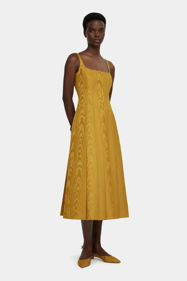 Adele Dress in Ochre Moire Mikado Women Dresses Emilia Wickstead Adele Dress in Ochre Moire Mikado Women Dresses Emilia Wickstead