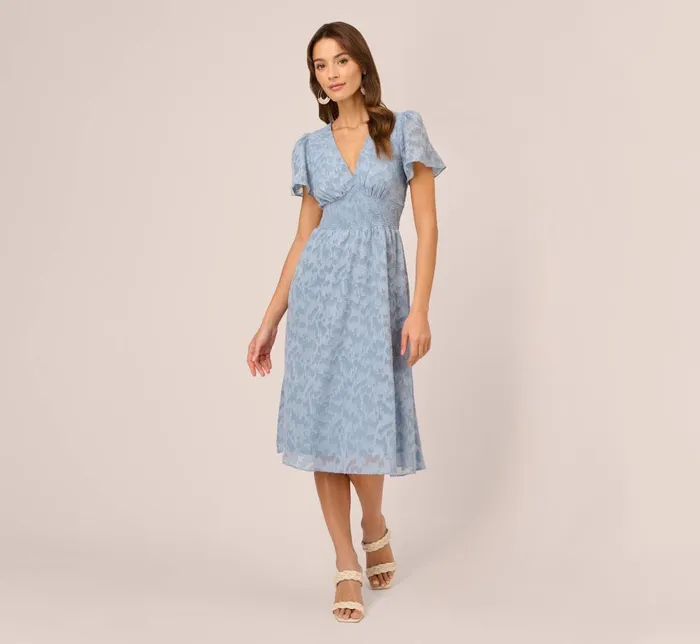 Adrianna Papell Day Dresses Burnout Smocked Midi Dress With Short Sleeves In Dusty Blue 8211 Women