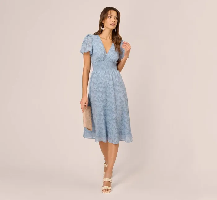 Adrianna Papell Day Dresses Burnout Smocked Midi Dress With Short Sleeves In Dusty Blue 8211 Women