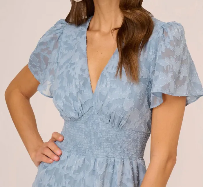 Adrianna Papell Day Dresses Burnout Smocked Midi Dress With Short Sleeves In Dusty Blue 8211 Women