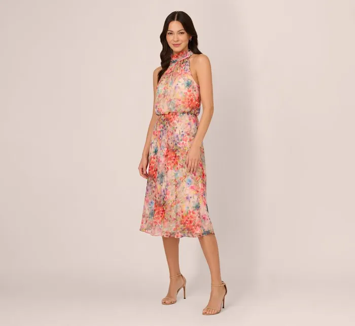 Adrianna Papell Day Dresses Floral Chiffon Halter Midi Dress With Blouson Bodice In Red Multi 8211 Women Adrianna Papell Day Dresses Floral Chiffon Halter Midi Dress With Blouson Bodice In Red Multi 8211 Women