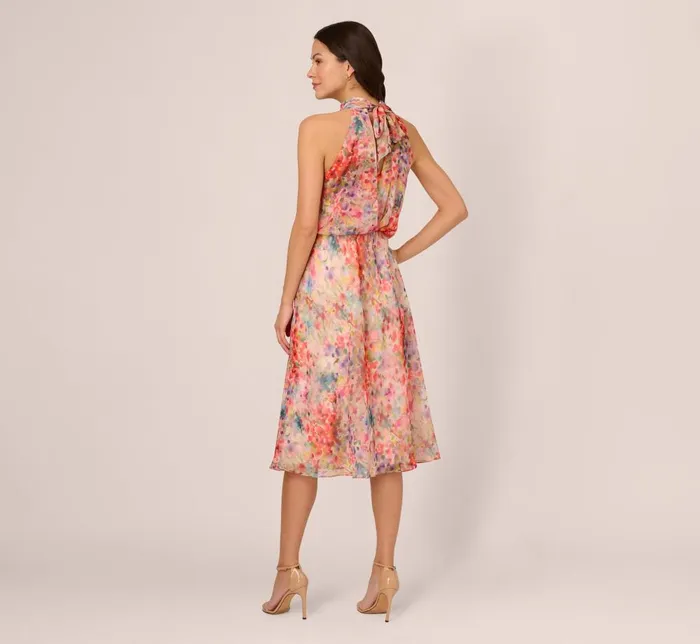 Adrianna Papell Day Dresses Floral Chiffon Halter Midi Dress With Blouson Bodice In Red Multi 8211 Women