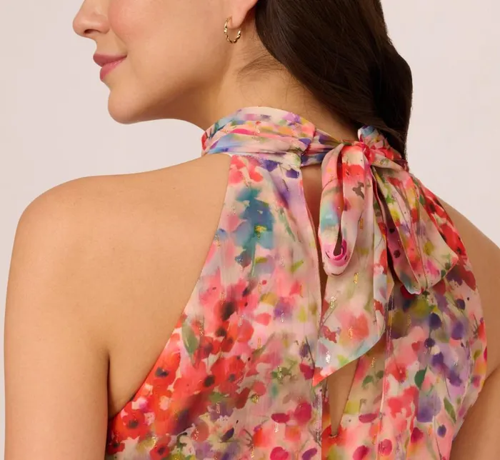 Adrianna Papell Day Dresses Floral Chiffon Halter Midi Dress With Blouson Bodice In Red Multi 8211 Women