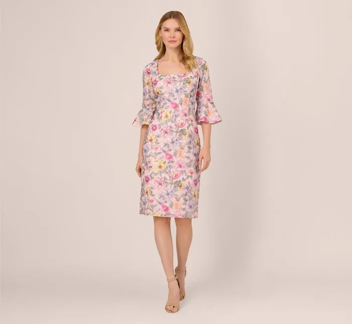 Adrianna Papell Day Dresses Floral Embroidered Sheath Dress With Three Quarter Bell Sleeves In Blush Multi 8211 Women