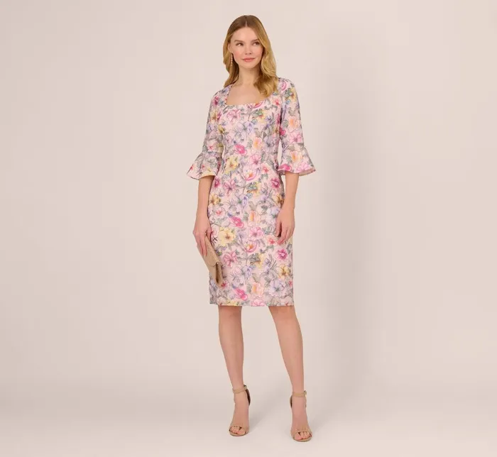 Adrianna Papell Day Dresses Floral Embroidered Sheath Dress With Three Quarter Bell Sleeves In Blush Multi 8211 Women