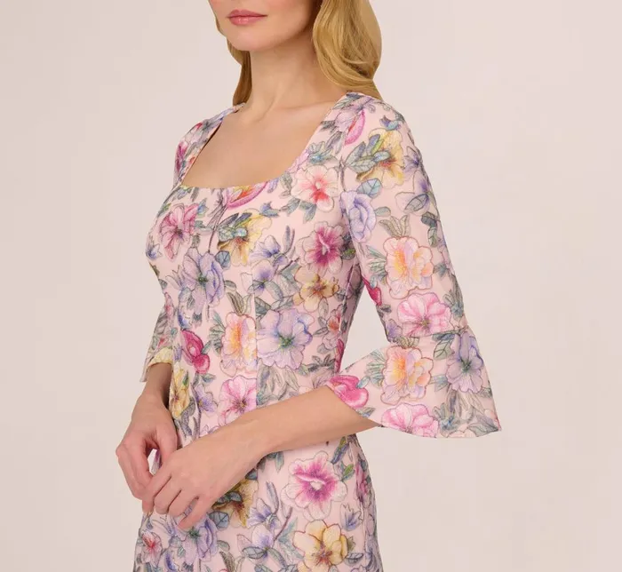 Adrianna Papell Day Dresses Floral Embroidered Sheath Dress With Three Quarter Bell Sleeves In Blush Multi 8211 Women
