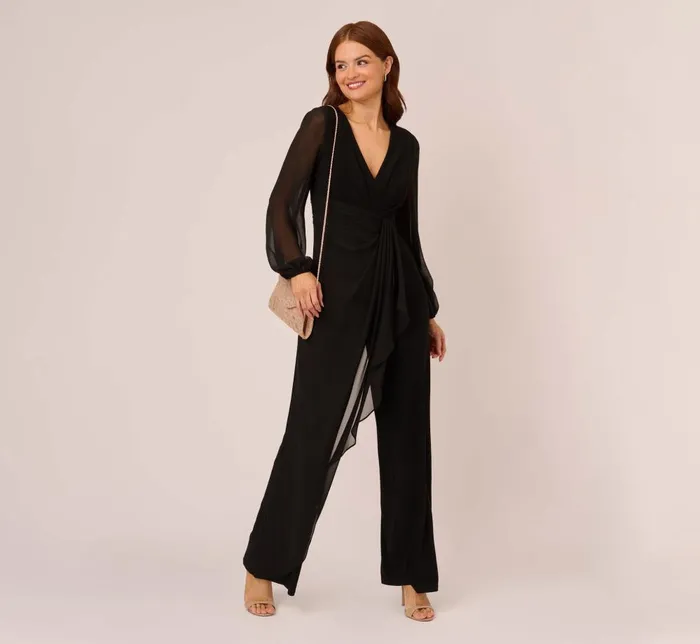 Adrianna Papell Day Dresses Long Sleeve Jersey Jumpsuit With Chiffon Details In Black 8211 Women
