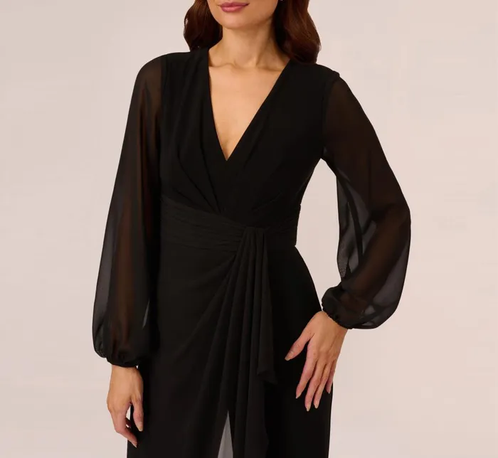 Adrianna Papell Day Dresses Long Sleeve Jersey Jumpsuit With Chiffon Details In Black 8211 Women