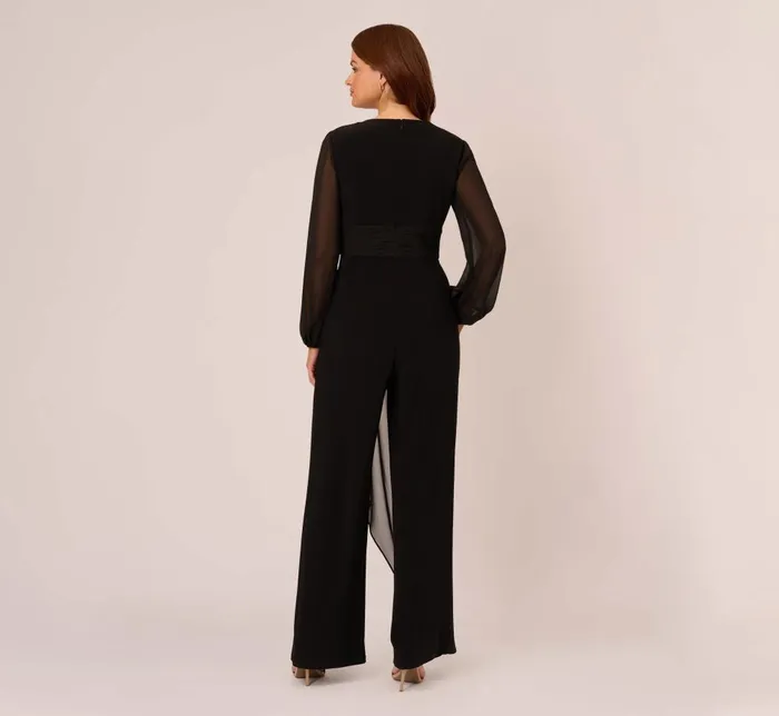 Adrianna Papell Day Dresses Long Sleeve Jersey Jumpsuit With Chiffon Details In Black 8211 Women