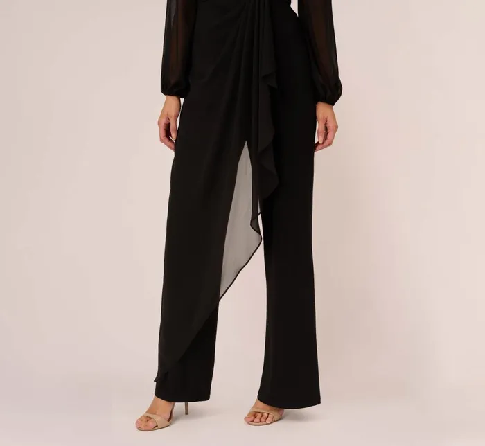 Adrianna Papell Day Dresses Long Sleeve Jersey Jumpsuit With Chiffon Details In Black 8211 Women