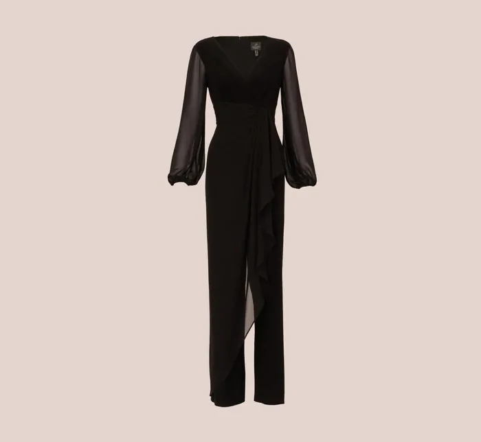 Adrianna Papell Day Dresses Long Sleeve Jersey Jumpsuit With Chiffon Details In Black 8211 Women