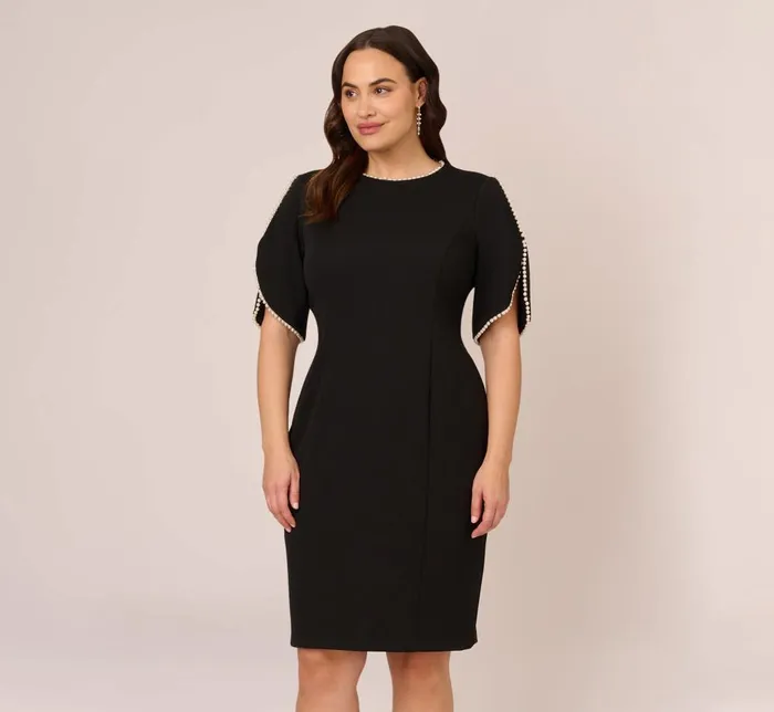 Adrianna Papell Day Dresses Plus Size Crepe Midi Length Sheath Dress With Pearl Trimmed Sleeves In Black 8211 Women