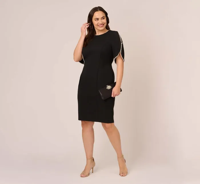 Adrianna Papell Day Dresses Plus Size Crepe Midi Length Sheath Dress With Pearl Trimmed Sleeves In Black 8211 Women