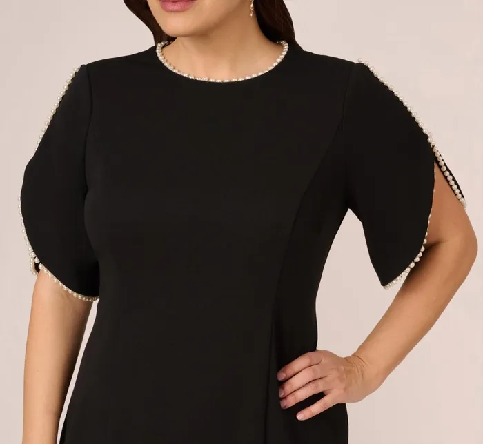 Adrianna Papell Day Dresses Plus Size Crepe Midi Length Sheath Dress With Pearl Trimmed Sleeves In Black 8211 Women