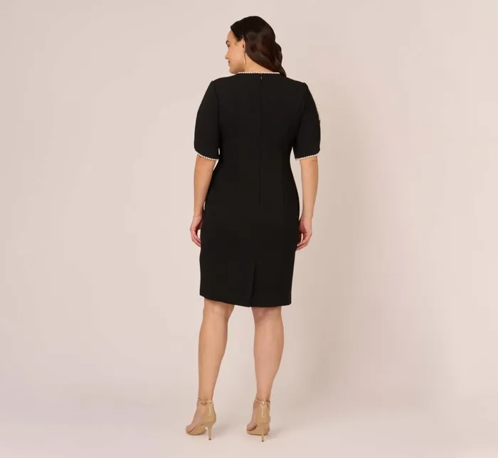 Adrianna Papell Day Dresses Plus Size Crepe Midi Length Sheath Dress With Pearl Trimmed Sleeves In Black 8211 Women