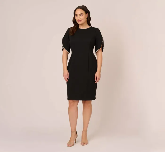Adrianna Papell Day Dresses Plus Size Crepe Midi Length Sheath Dress With Pearl Trimmed Sleeves In Black 8211 Women