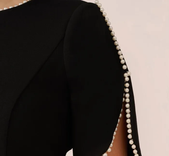 Adrianna Papell Day Dresses Plus Size Crepe Midi Length Sheath Dress With Pearl Trimmed Sleeves In Black 8211 Women