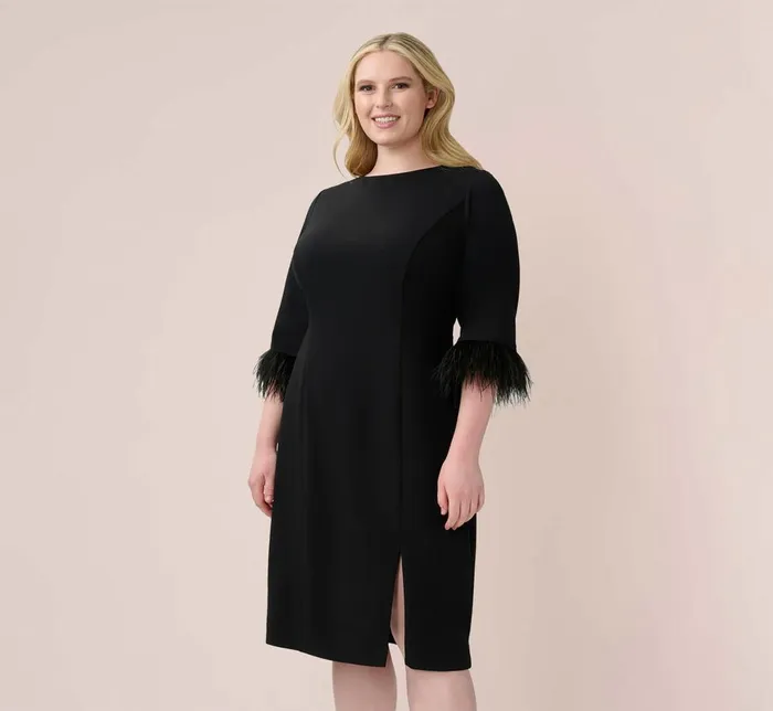Adrianna Papell Day Dresses Plus Size Crepe Sheath Dress With VBack And FeatherTrim Sleeves In Black 8211 Women Adrianna Papell Day Dresses Plus Size Crepe Sheath Dress With VBack And FeatherTrim Sleeves In Black 8211 Women