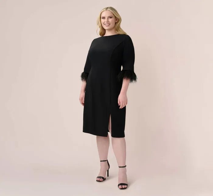 Adrianna Papell Day Dresses Plus Size Crepe Sheath Dress With VBack And FeatherTrim Sleeves In Black 8211 Women