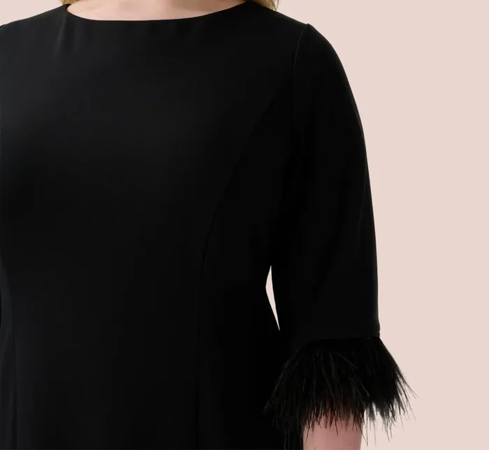 Adrianna Papell Day Dresses Plus Size Crepe Sheath Dress With VBack And FeatherTrim Sleeves In Black 8211 Women
