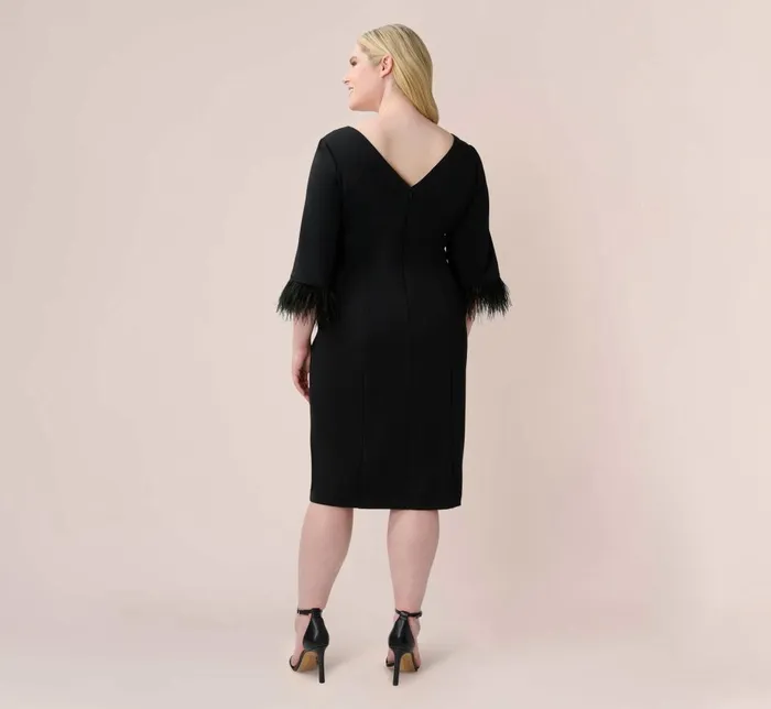 Adrianna Papell Day Dresses Plus Size Crepe Sheath Dress With VBack And FeatherTrim Sleeves In Black 8211 Women