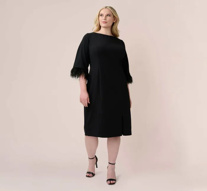 Adrianna Papell Day Dresses Plus Size Crepe Sheath Dress With VBack And FeatherTrim Sleeves In Black 8211 Women