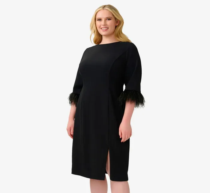 Adrianna Papell Day Dresses Plus Size Crepe Sheath Dress With VBack And FeatherTrim Sleeves In Black 8211 Women