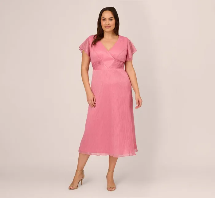 Adrianna Papell Day Dresses Plus Size Crinkle Mesh Midi Dress With Flutter Sleeves In Faded Rose 8211 Women
