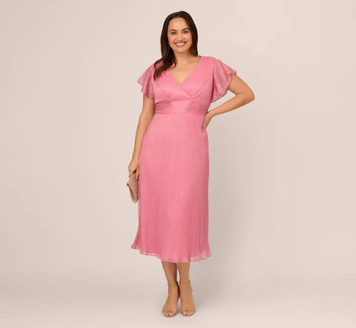 Adrianna Papell Day Dresses Plus Size Crinkle Mesh Midi Dress With Flutter Sleeves In Faded Rose 8211 Women