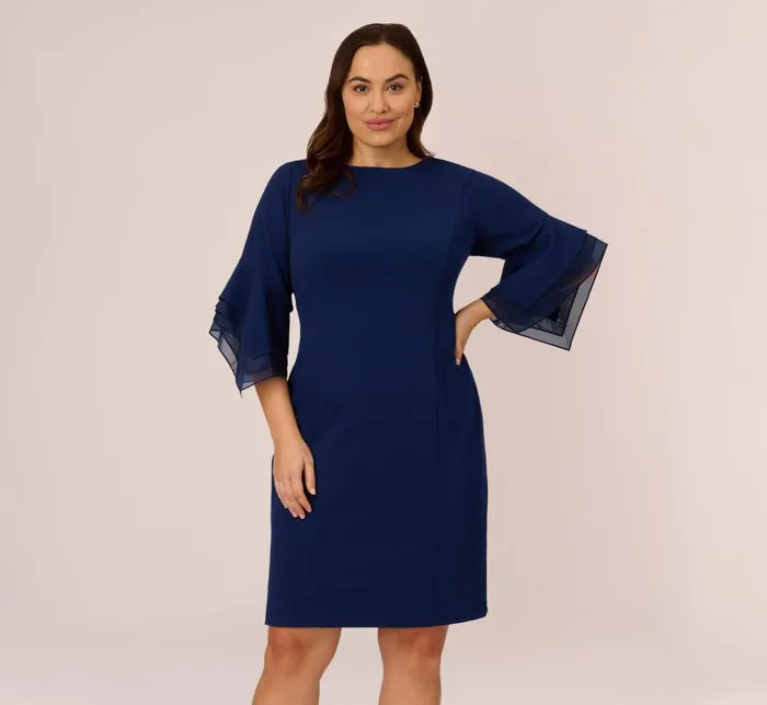 Adrianna Papell Day Dresses Plus Size Knit Crepe Sheath Dress With Tiered Three Quarter Sleeves In Navy Sateen 8211 Women