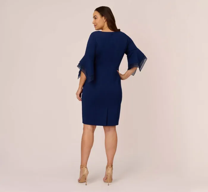 Adrianna Papell Day Dresses Plus Size Knit Crepe Sheath Dress With Tiered Three Quarter Sleeves In Navy Sateen 8211 Women