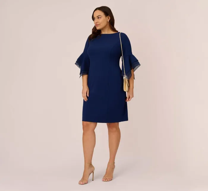 Adrianna Papell Day Dresses Plus Size Knit Crepe Sheath Dress With Tiered Three Quarter Sleeves In Navy Sateen 8211 Women
