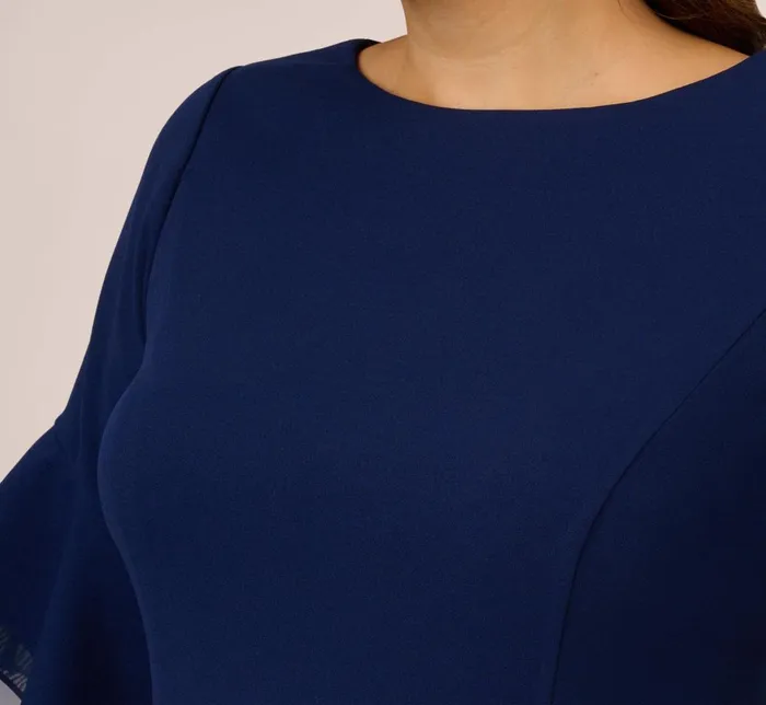Adrianna Papell Day Dresses Plus Size Knit Crepe Sheath Dress With Tiered Three Quarter Sleeves In Navy Sateen 8211 Women