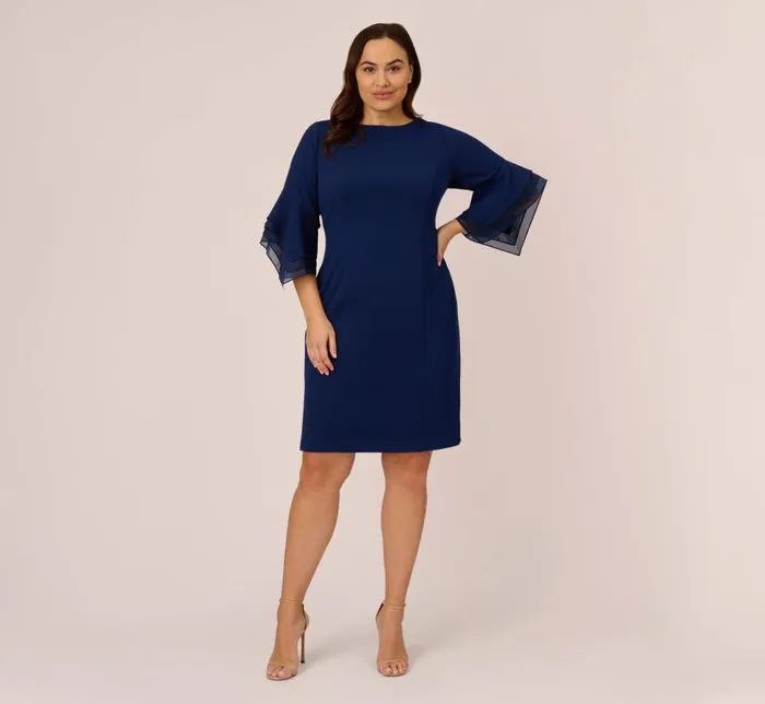 Adrianna Papell Day Dresses Plus Size Knit Crepe Sheath Dress With Tiered Three Quarter Sleeves In Navy Sateen 8211 Women
