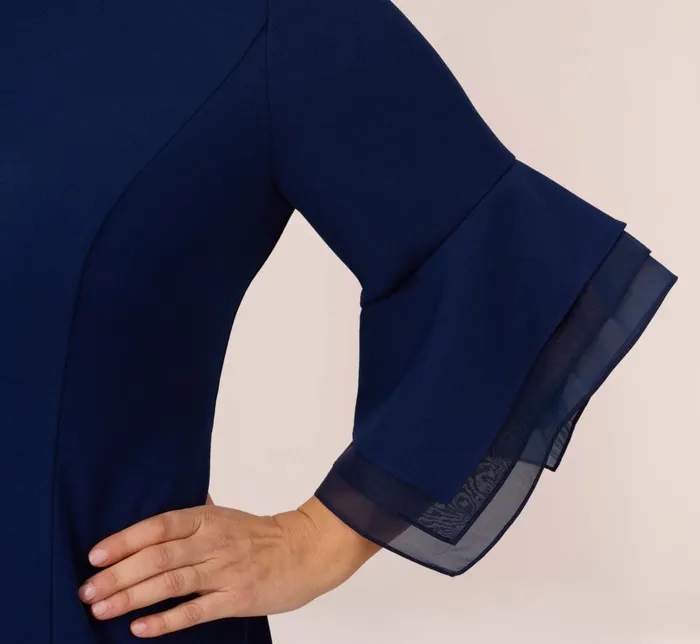 Adrianna Papell Day Dresses Plus Size Knit Crepe Sheath Dress With Tiered Three Quarter Sleeves In Navy Sateen 8211 Women