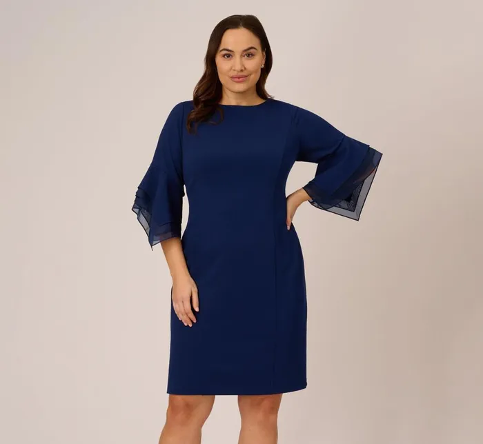 Adrianna Papell Day Dresses Plus Size Knit Crepe Sheath Dress With Tiered Three Quarter Sleeves In Navy Sateen 8211 Women