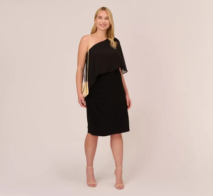 Adrianna Papell Day Dresses Plus Size One Shoulder Dress With Chiffon Cape In Black 8211 Women