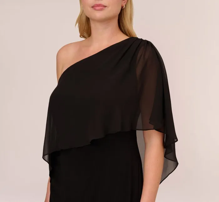 Adrianna Papell Day Dresses Plus Size One Shoulder Dress With Chiffon Cape In Black 8211 Women