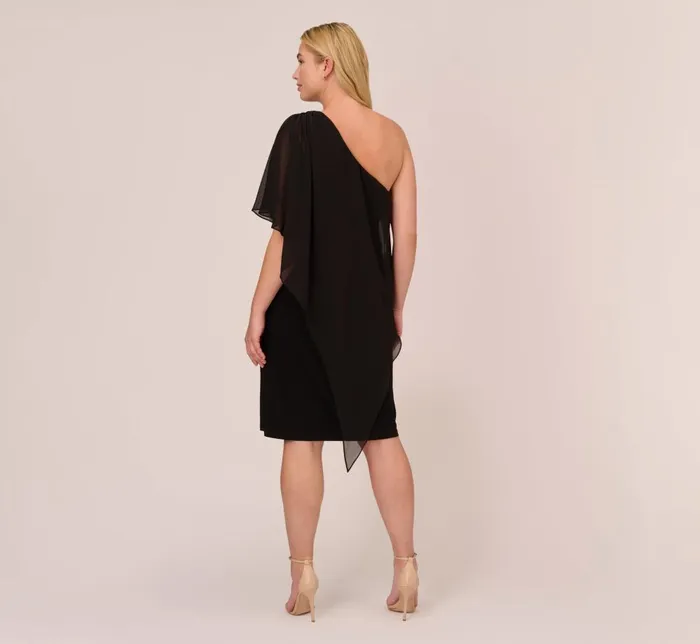 Adrianna Papell Day Dresses Plus Size One Shoulder Dress With Chiffon Cape In Black 8211 Women