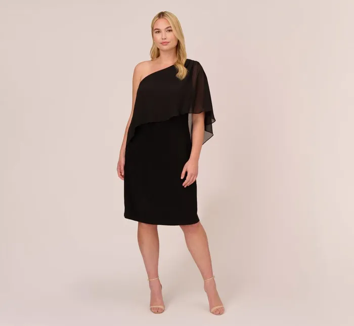 Adrianna Papell Day Dresses Plus Size One Shoulder Dress With Chiffon Cape In Black 8211 Women