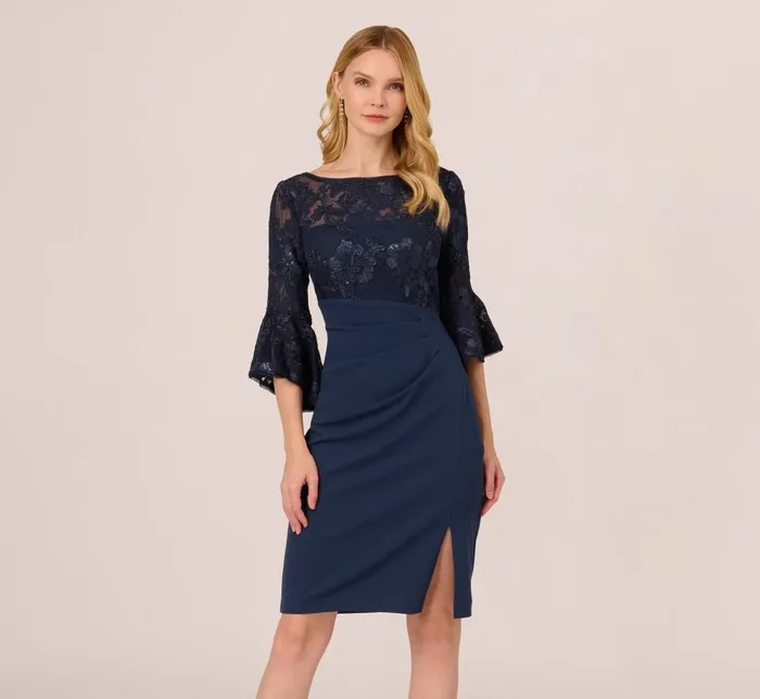Adrianna Papell Day Dresses Sequin Floral Lace Dress With Sheer Bell Sleeves In Navy 8211 Women
